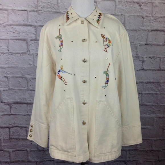 Cactus Jacket Western  Women Large Button Ivory Embroidered Embellished Pockets - Picture 3 of 17